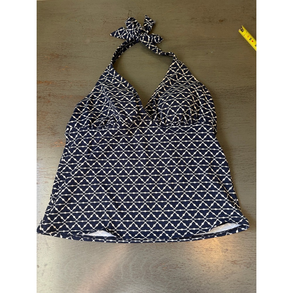 Lands End Womens Navy White Geometric Halter Tankini Swim Top Size 8